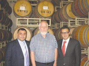 L. to R.: Etchmiadzin Mayor Karen Grigoryan, Winemaster Kenneth Fugelsang, and Deputy Consul General Mesrop Shaboyan.