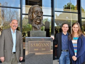 L. to R.: Prof. Barlow Der Mugrdechian, Chris Bohjalian, and Marine Vardanyan in front of the Saroyan Theatre. Photo: Raffi Mouradian  