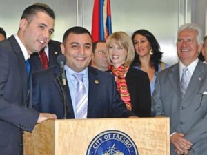 L: to R: Vahagn Bznuni, Mayor Karen Grigoryan, Fresno Mayor Ashley Swearengin, and Congressman Jim Costa. Photo: Armenian Studies Archive