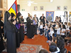 His Holiness Aram I, second from left, with students of the Keyan Armenian Community School. Photo: Alain Ekmalian