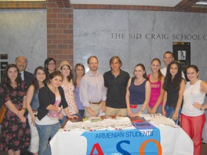 L. to R.: Ara Oshagan, center, with students and faculty after the September 14 lecture. Photo: Erica Magarian