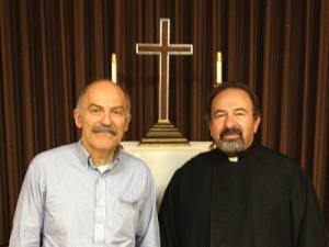 Prof. Barlow Der Mugrdechian, left, with Rev. Fr. Archpriest Yeghia Hairabedian, pastor, St. Gregory Armenian Church. Photo: Ken Melkonian 