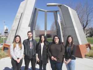 L. to R.: Executive members Claire Kasaian, Arthur Khatchatrian, Diana Gasparyan, Kara Statler, and Molly Gostanian at the Armenian Genocide Monument at Fresno State. Photo: Hagop Ohanessian