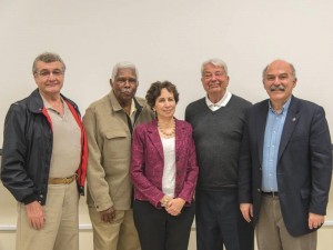 Some of those who appeared in the film Shesh-Besh. Left to right: Jirair Jabagchourian, Walter Dunn, director Anahid Nazarian, Mike Kilijian, and Prof. Barlow Der Mugrdechian. Photo: Hourig Attarian