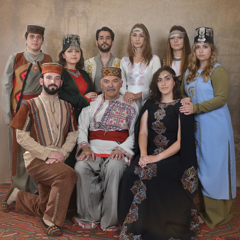 Back row, left to right: David Safrazian, Tatevik Hovhannisyan, Mitchell Peters, Marine Vardanyan, Claire Kasaian, and Shelbie Ohanesian. Front row, left to right: Michael Rettig, Prof. Barlow Der Mugrdechian, and Annie Rubio. The group dressed in traditional Armenian clothing from various regions of historic Armenia for this photo taken in Yerevan. Photo: Taraz Art Photostudio, Tashir Business Center, Yerevan