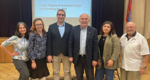Left to right: Linda Shekerjian, Sylva Guluzian, Dr. David Zakarian, Prof. Barlow Der Mugrdechian, Tatevik Hovhannisyan, and Chuck Jamgotchian.